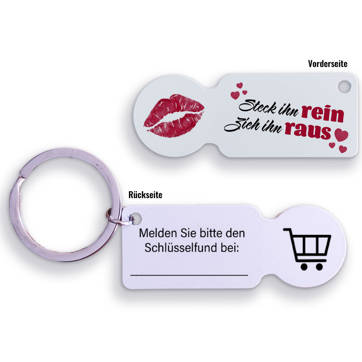 Steck ihn rein zieh in raus Einkaufswagenchip Schlüsselanhänger mit Kontaktfeld