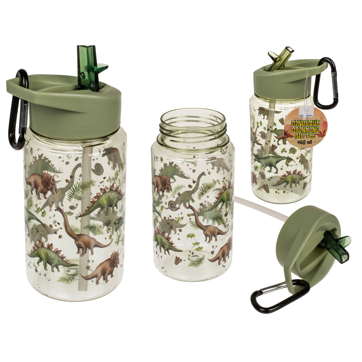Dinosaurier Trinkflasche mit Trinkhalm und Karabinerhaken