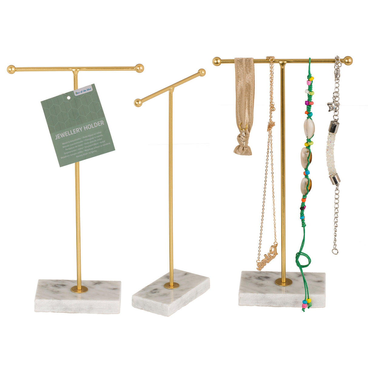 T-Form Schmuckhalter in gold mit Marmorsockel