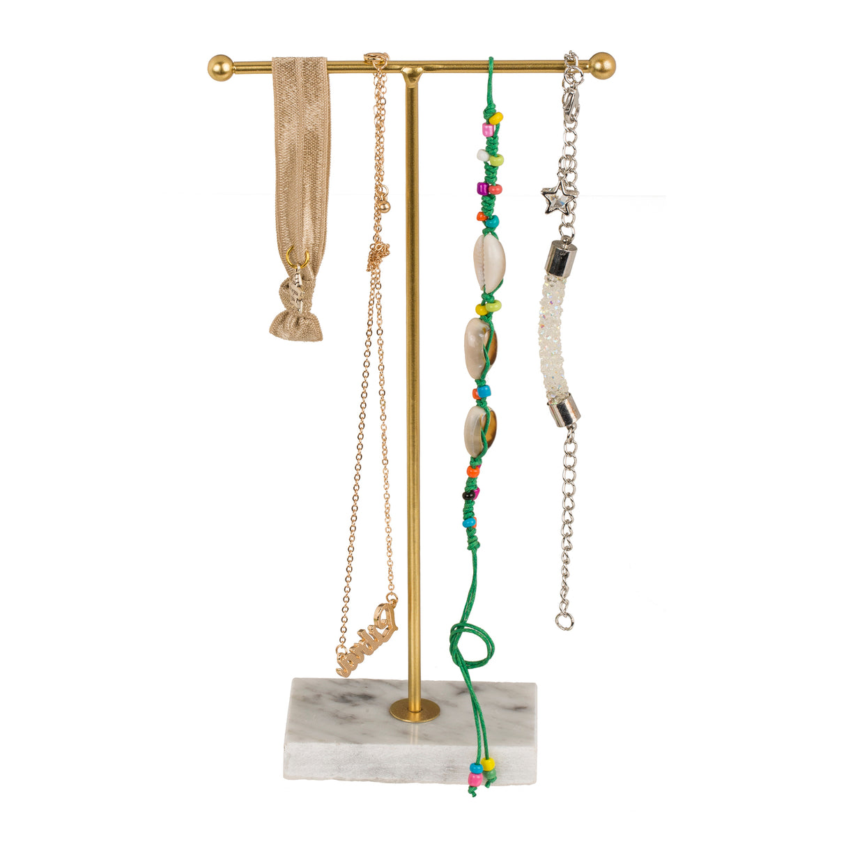 T-Form Schmuckhalter in gold mit Marmorsockel