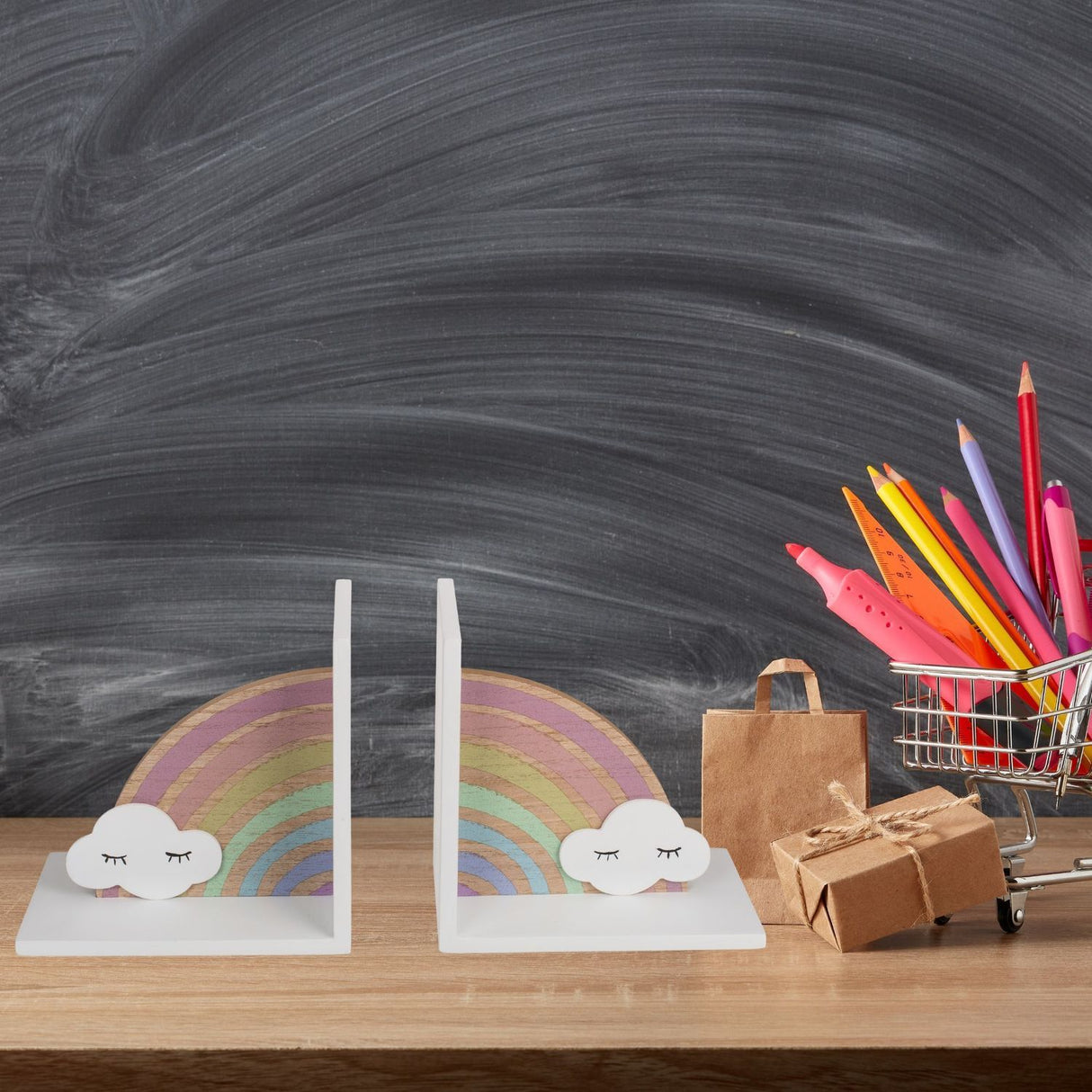 Regenbogen mit Wolke Buchstützen aus Holz im 2er Set