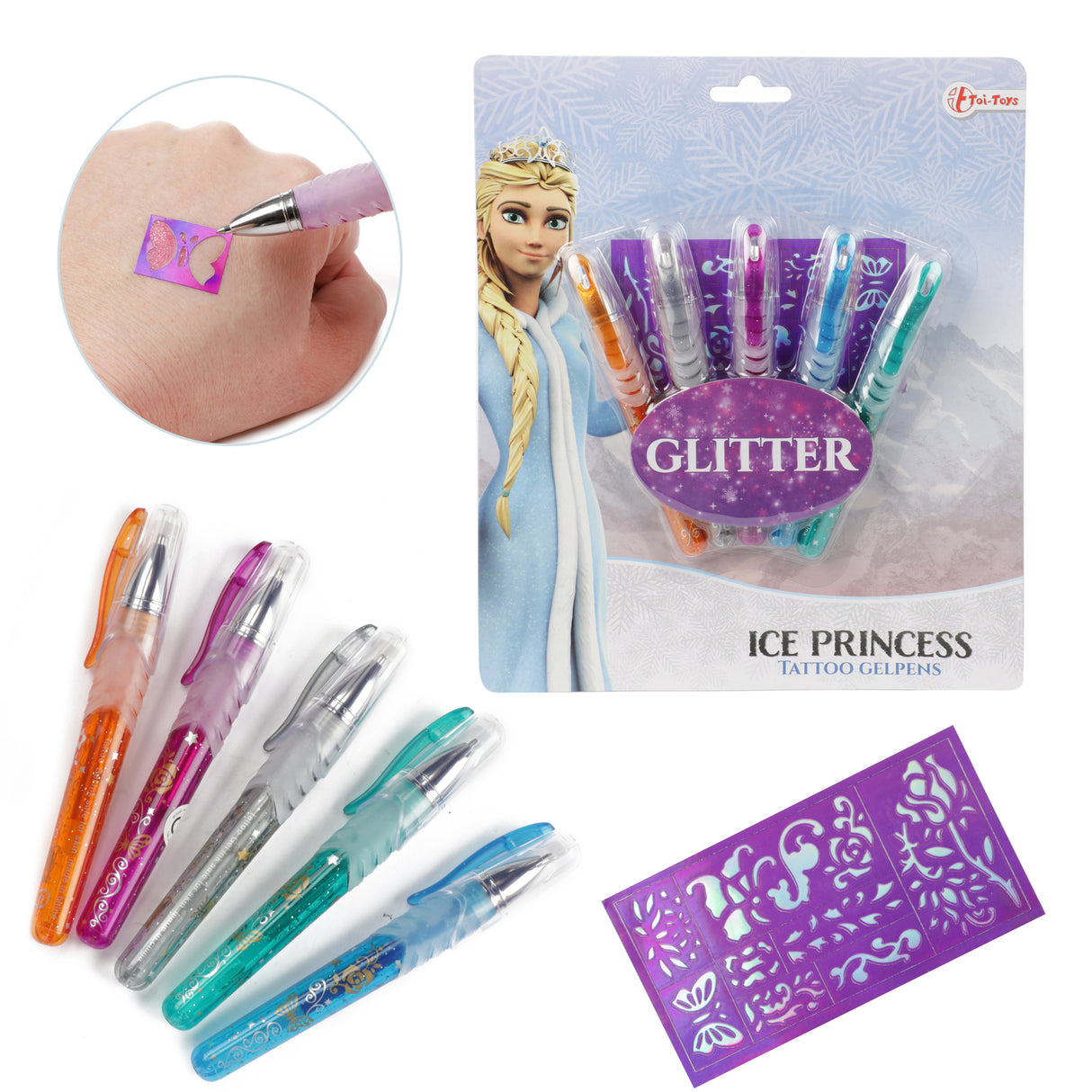 Prinzessin Glitzer Tattoo Gelstifte mit Schablone im 5er Set
