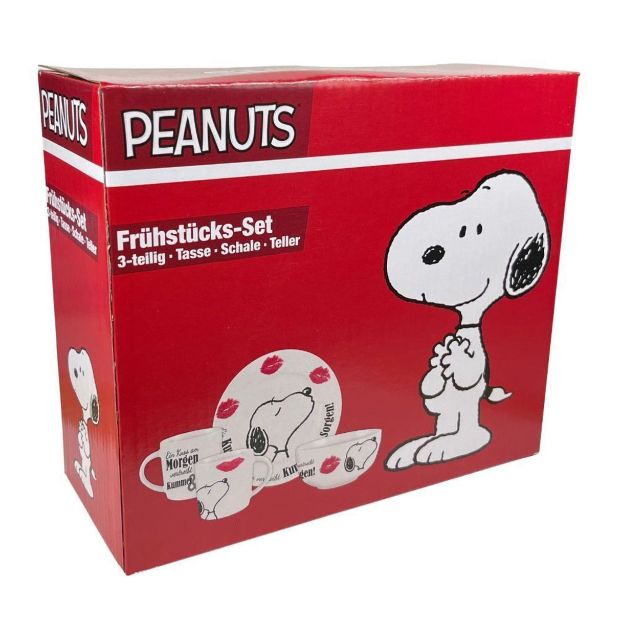 Snoopy - Ein Kuss am Morgen Geschirrset mit Teller, Tasse und Schüssel