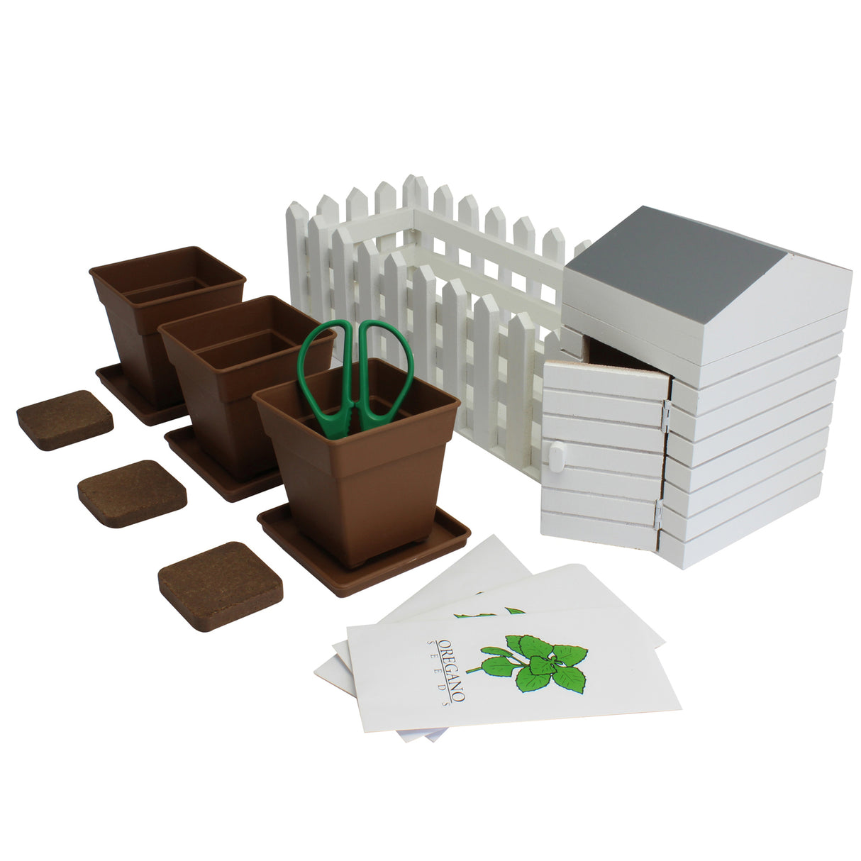 Mini Kräutergarten mit Samen, Erde, Schere und Töpfen
