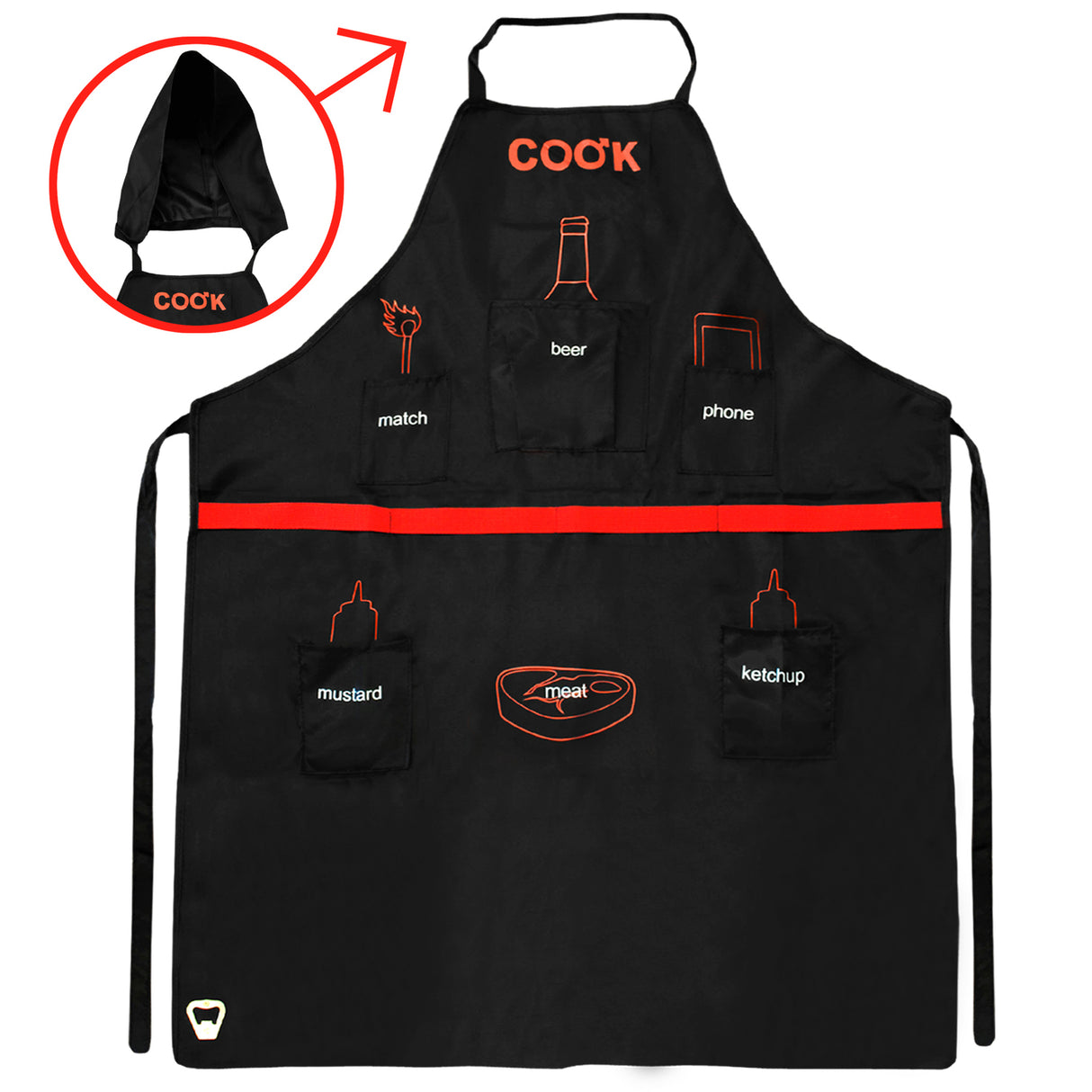 Grillschürze für Männer - Taschen, Kapuze und Flaschenöffner