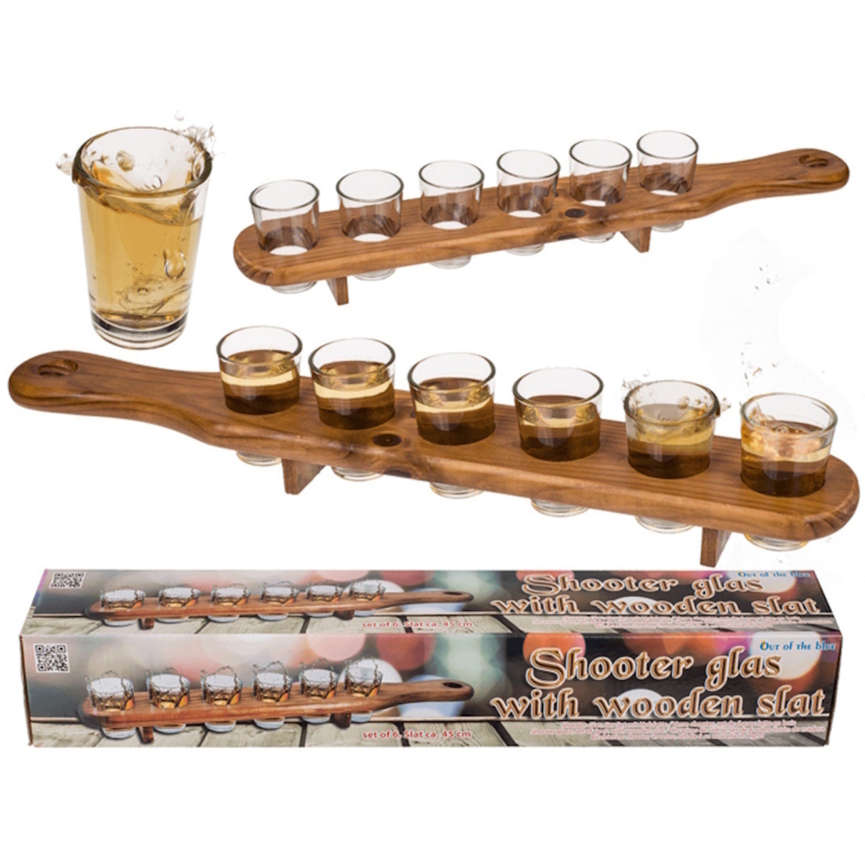 Holzlatte mit 6 Schnapsgläsern