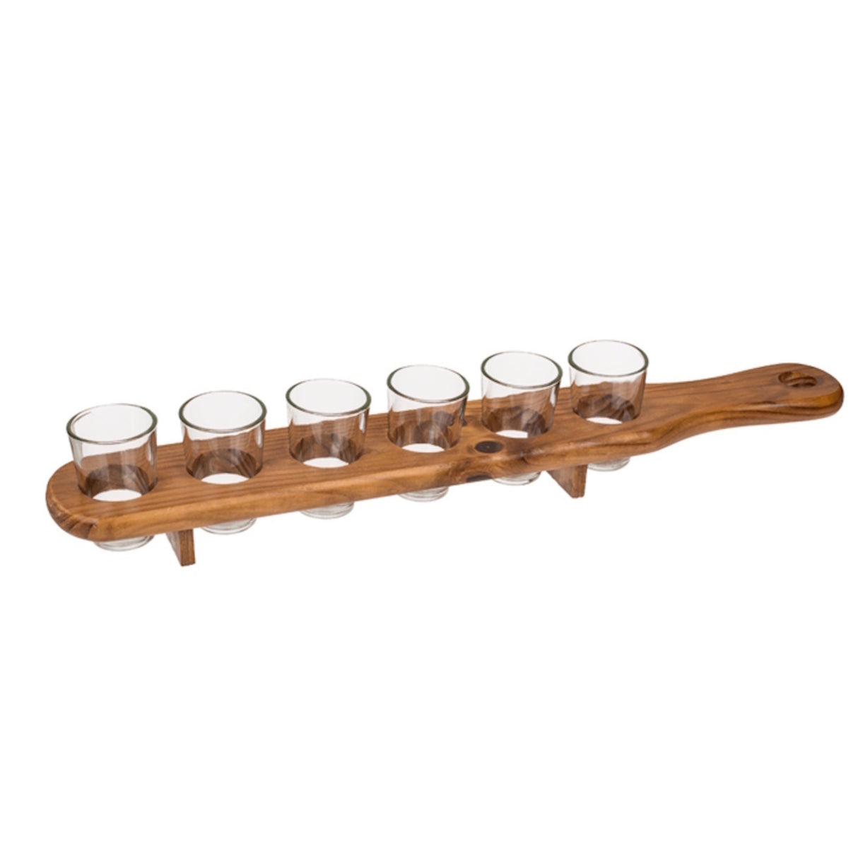 Holzlatte mit 6 Schnapsgläsern