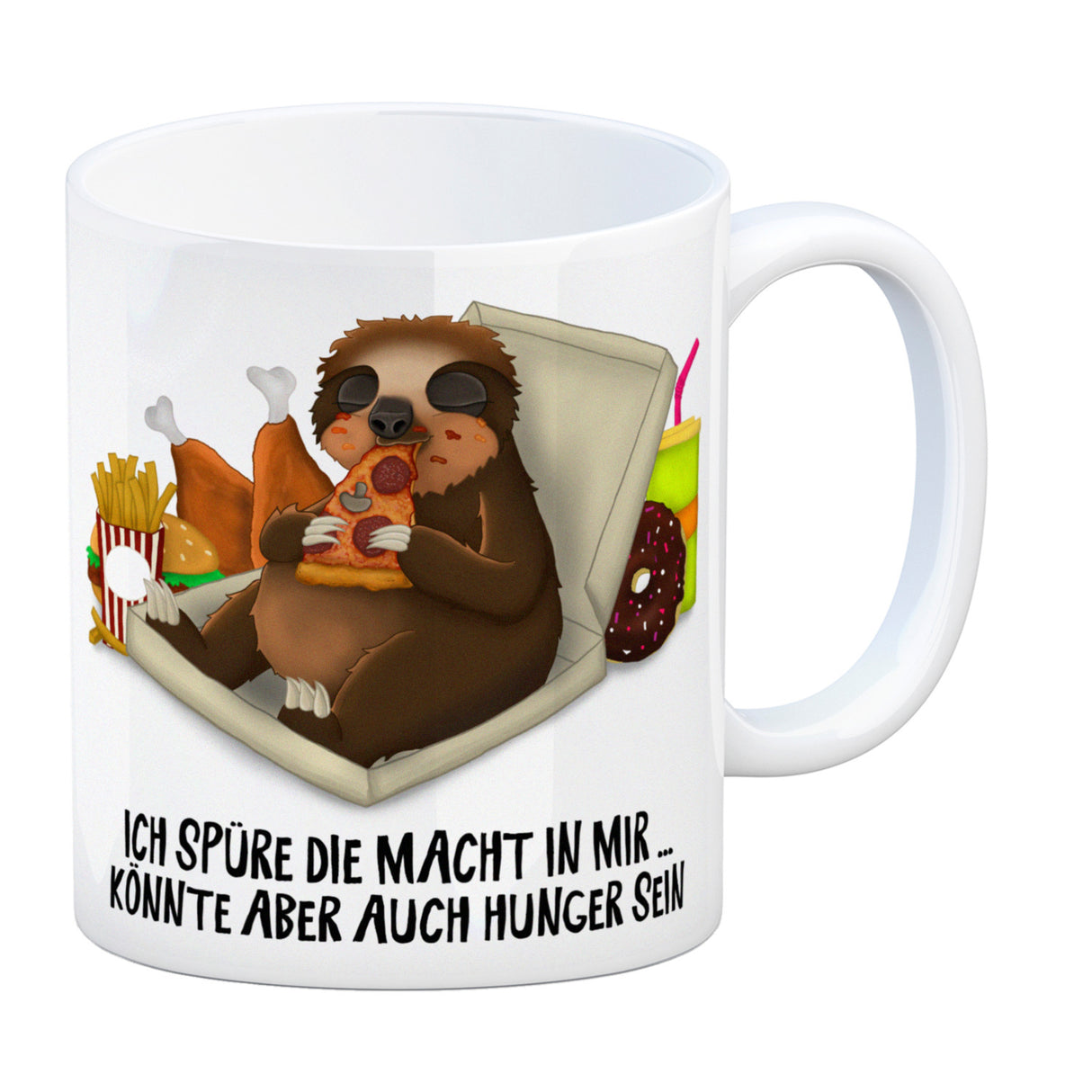 Faultier Kaffeebecher mit Spruch: Ich spüre die Macht in mir…