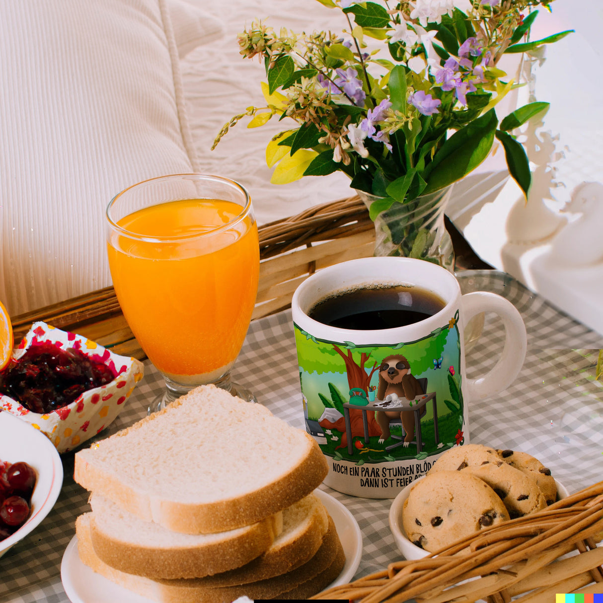 Kaffeebecher mit Faultier im Büro Dschungelmotiv und Spruch: Nur noch ein paar Stunden blöd ...