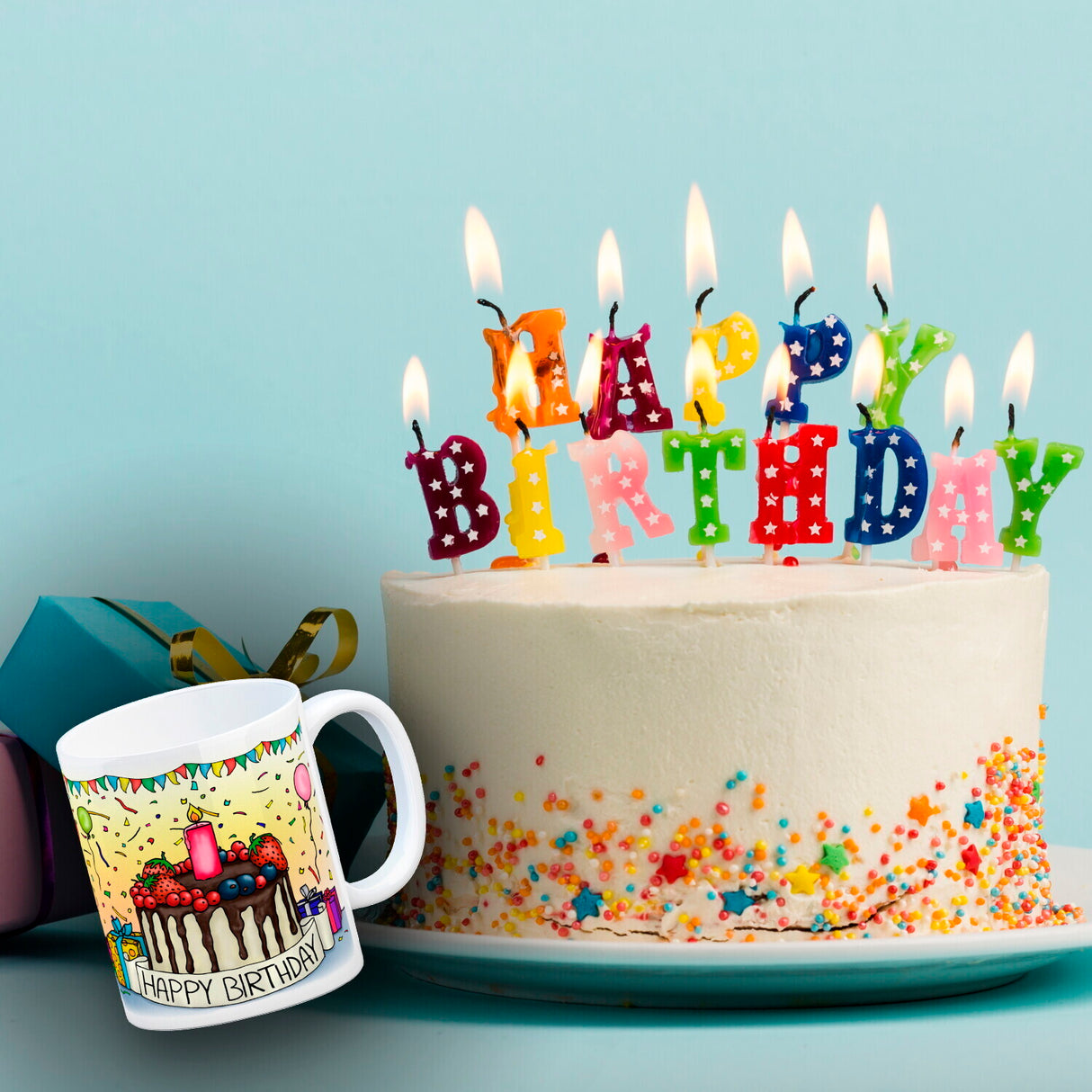 Kaffeebecher mit Geburtstagstorte Motiv und Spruch: Happy Birthday