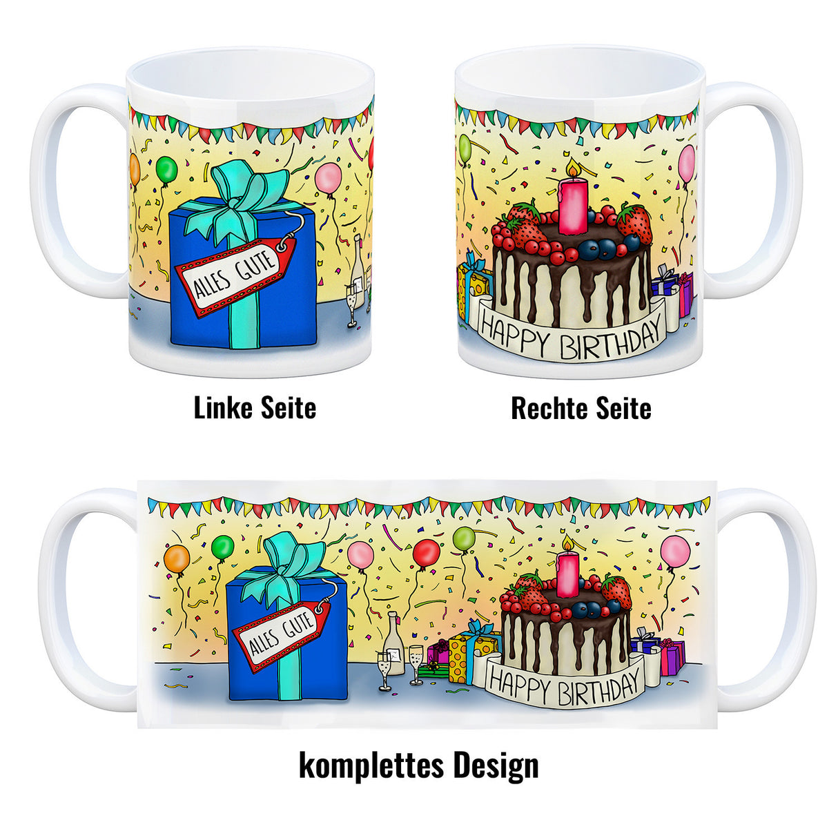 Kaffeebecher mit Geburtstagstorte Motiv und Spruch: Happy Birthday