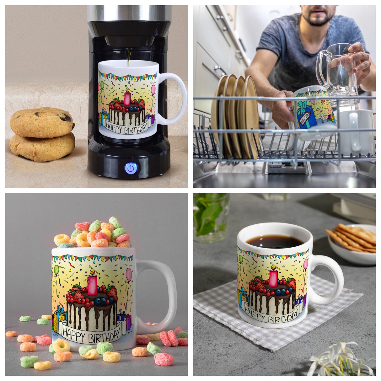 Kaffeebecher mit Geburtstagstorte Motiv und Spruch: Happy Birthday