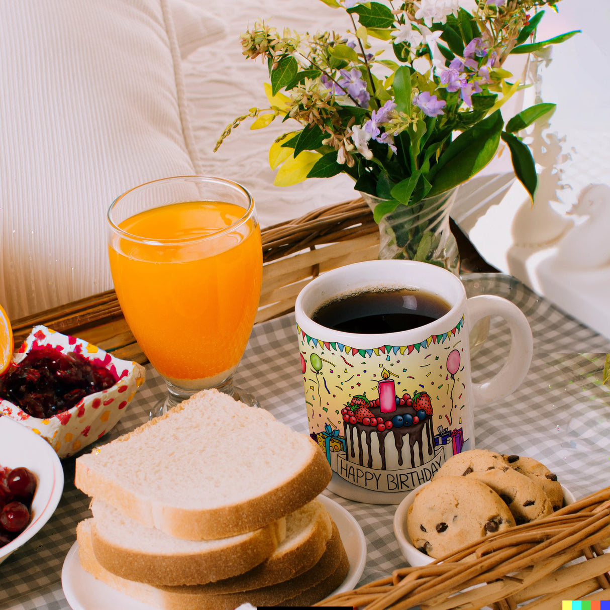 Kaffeebecher mit Geburtstagstorte Motiv und Spruch: Happy Birthday