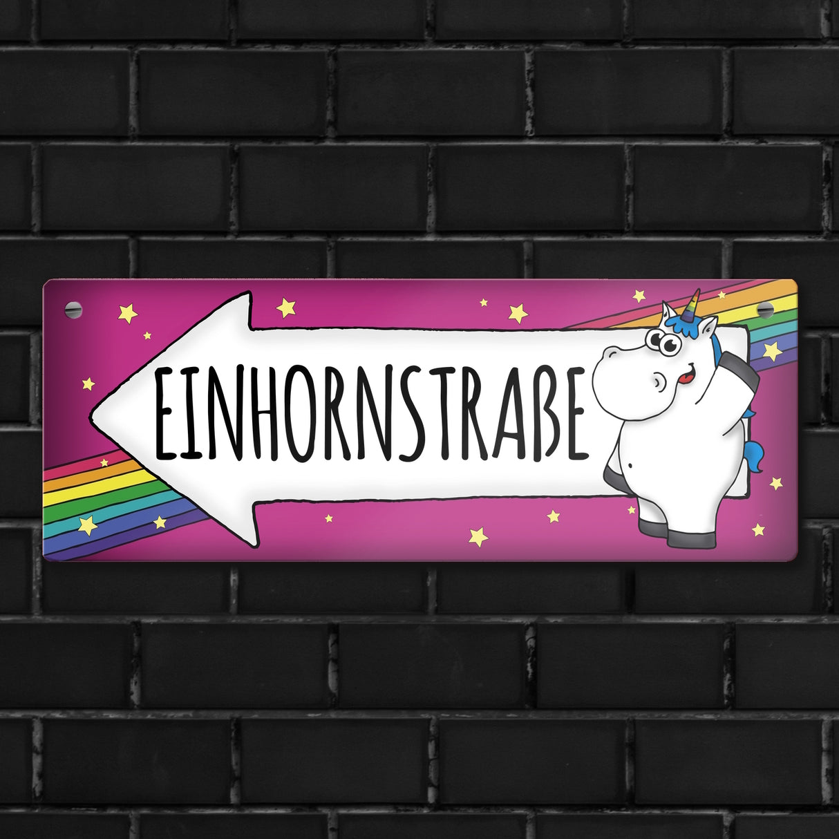 Honeycorns Metallschild mit Einhorn Motiv und Spruch: Einhornstraße