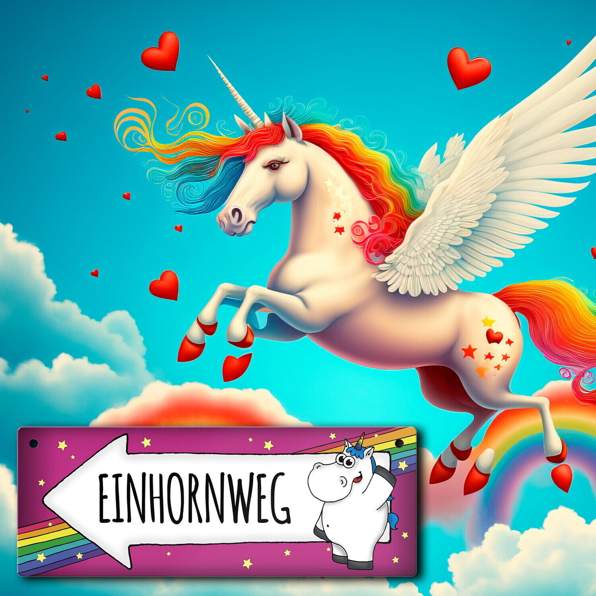 Honeycorns Metallschild mit Einhorn Motiv und Spruch: Einhornweg