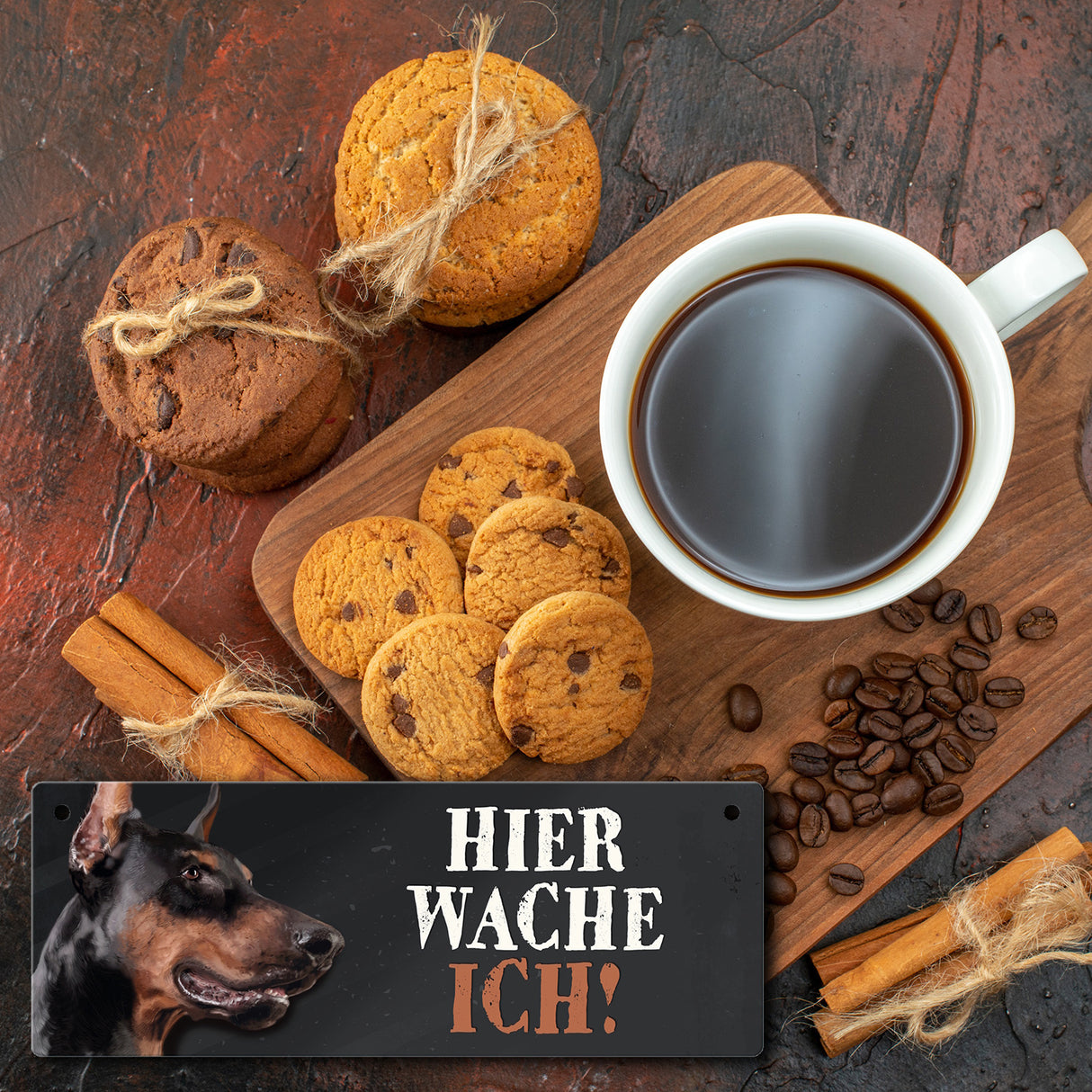 Metallschild mit Dobermann Motiv und Spruch: Hier wache ich!