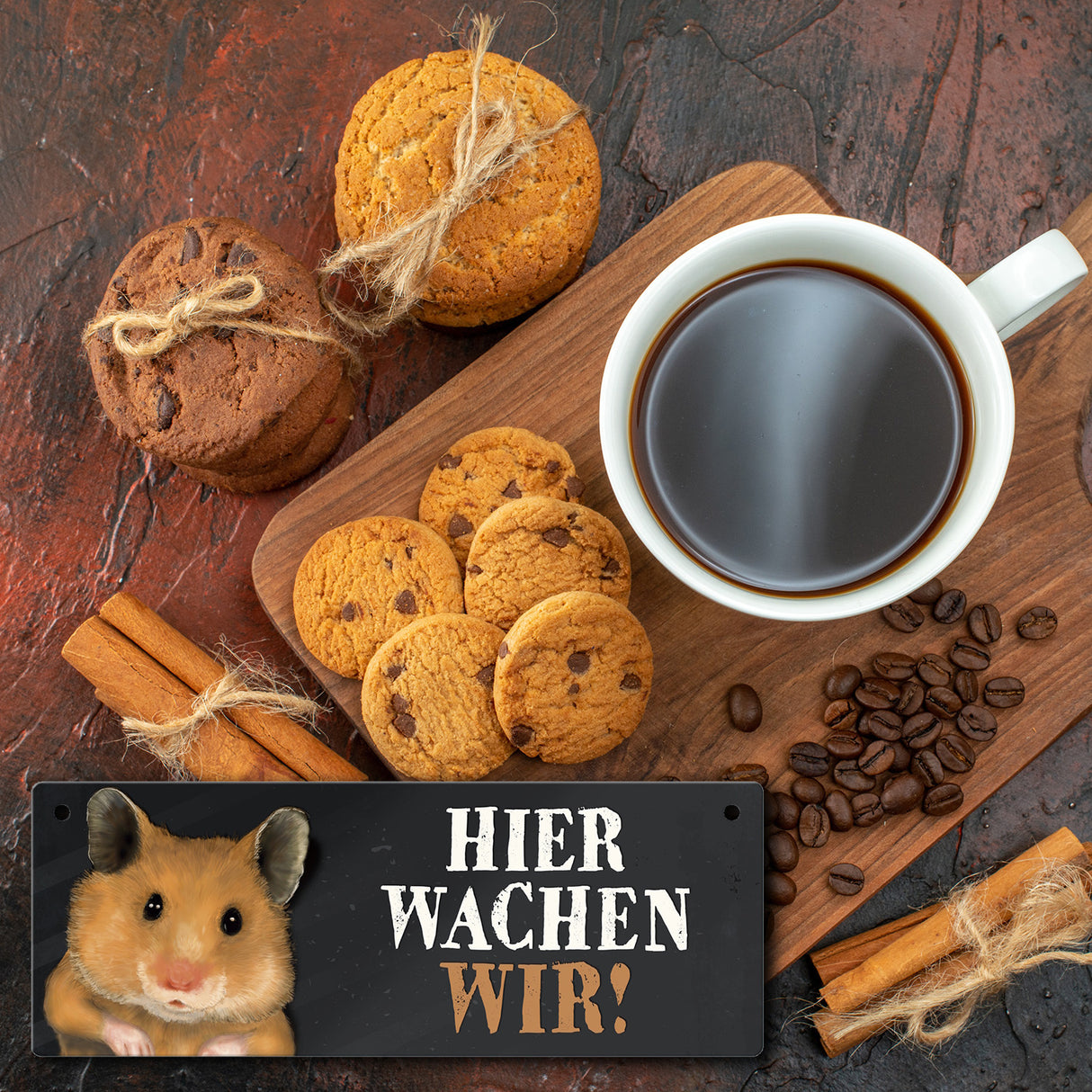 Metallschild mit Hamster Motiv und Spruch: Hier wachen wir!