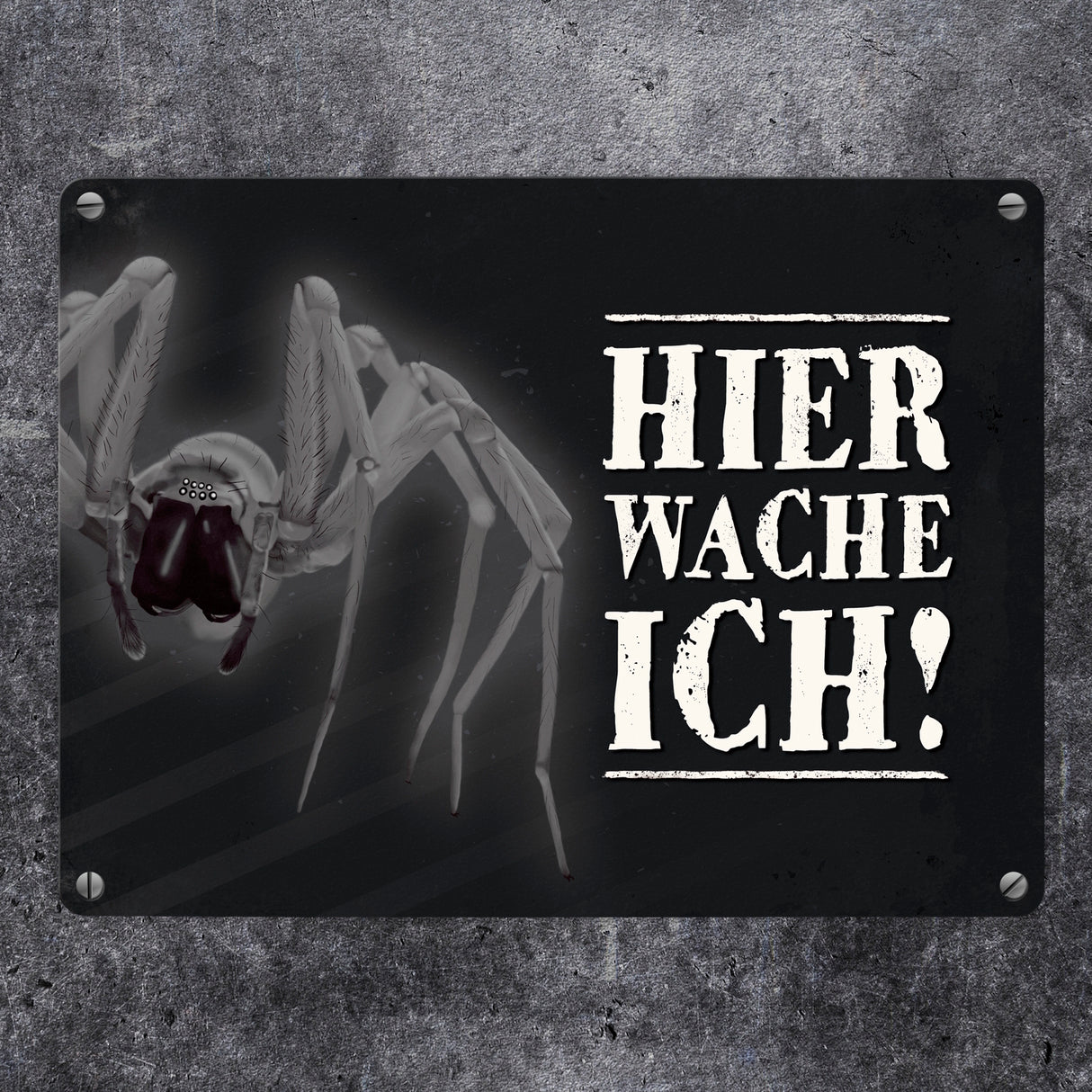 Metallschild mit Spinne Motiv und Spruch: Hier wache ich!