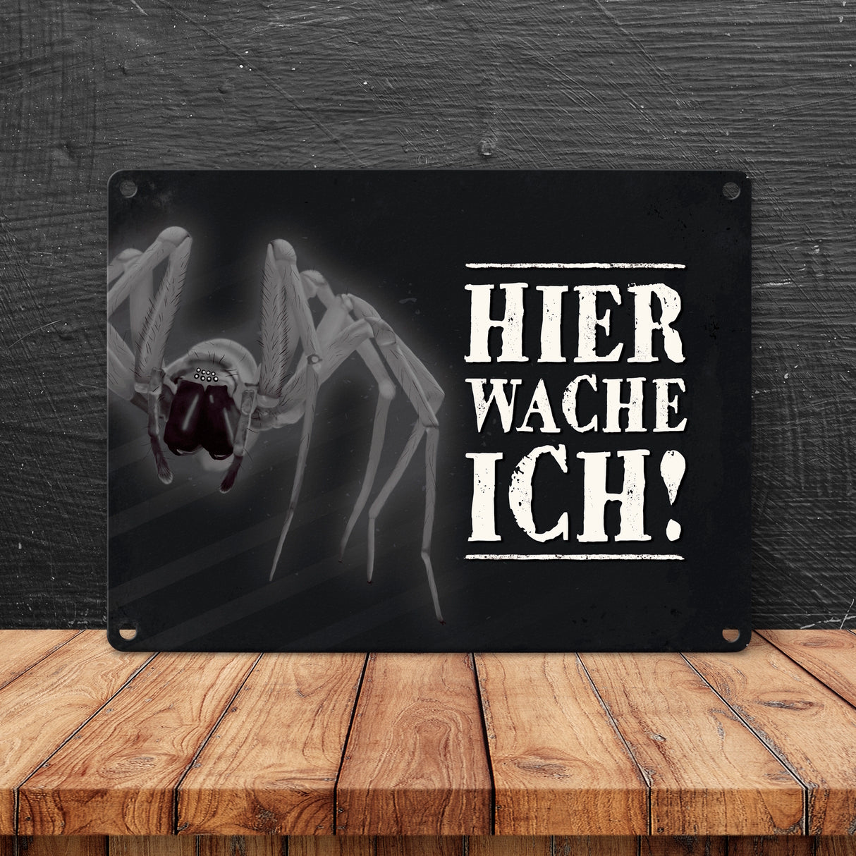 Metallschild mit Spinne Motiv und Spruch: Hier wache ich!