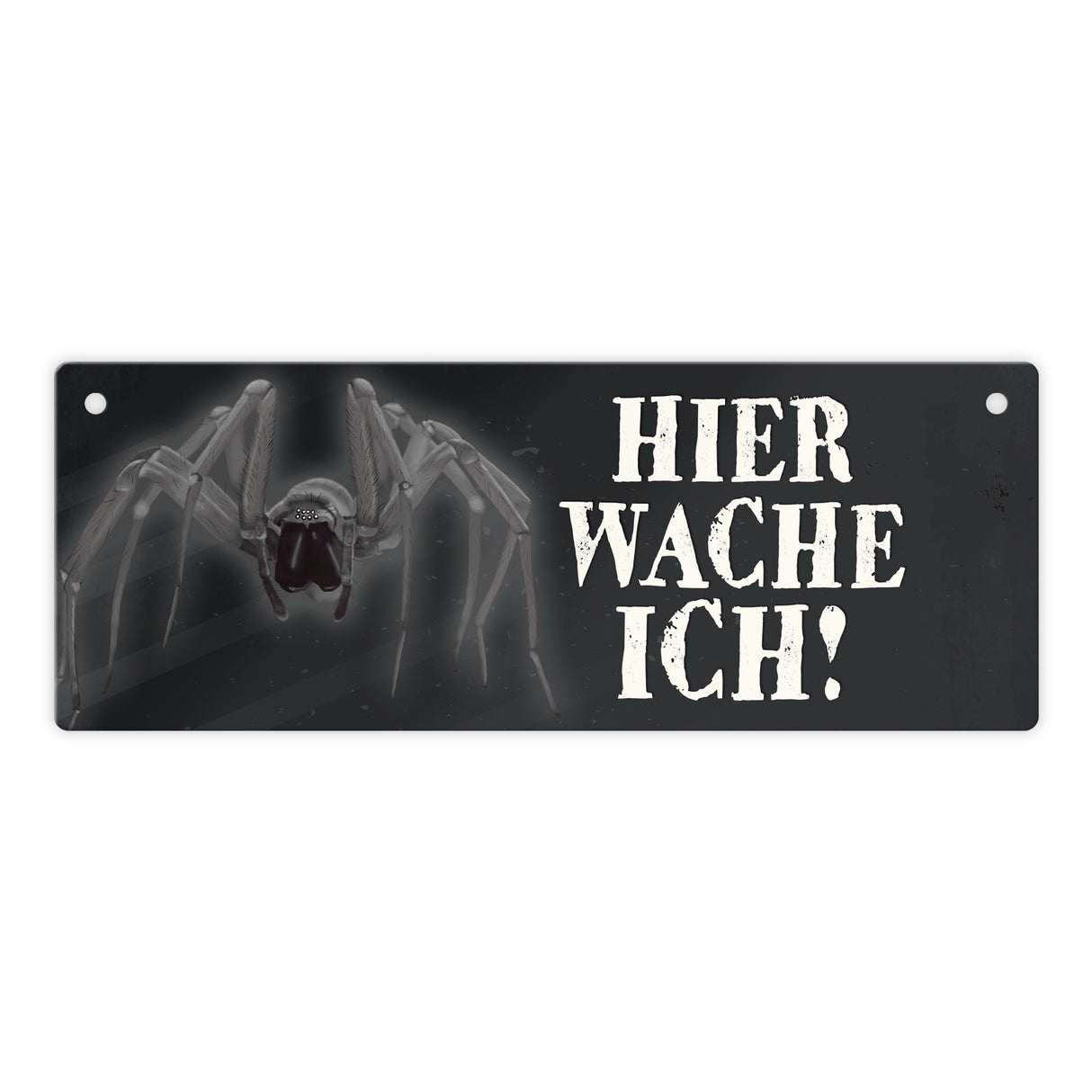 Metallschild mit Spinne Motiv und Spruch: Hier wache ich!
