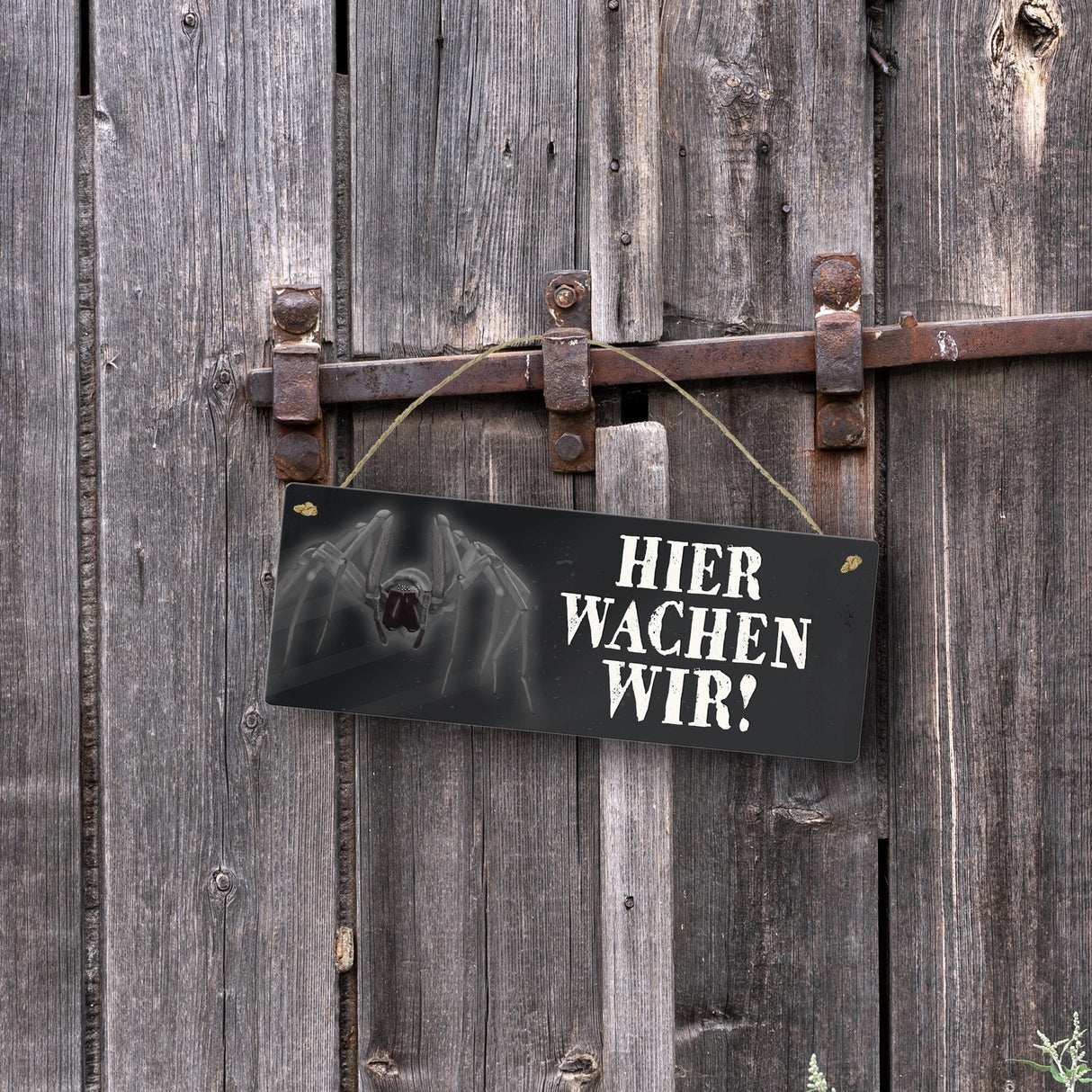 Metallschild mit Spinne Motiv und Spruch: Hier wachen wir!