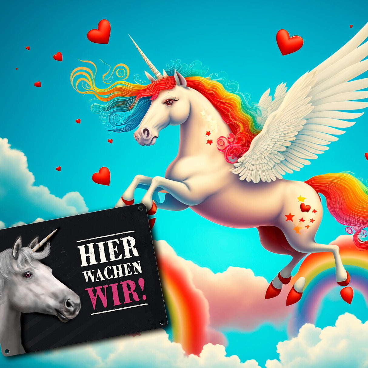 Metallschild mit Einhorn Motiv und Spruch: Hier wachen wir!