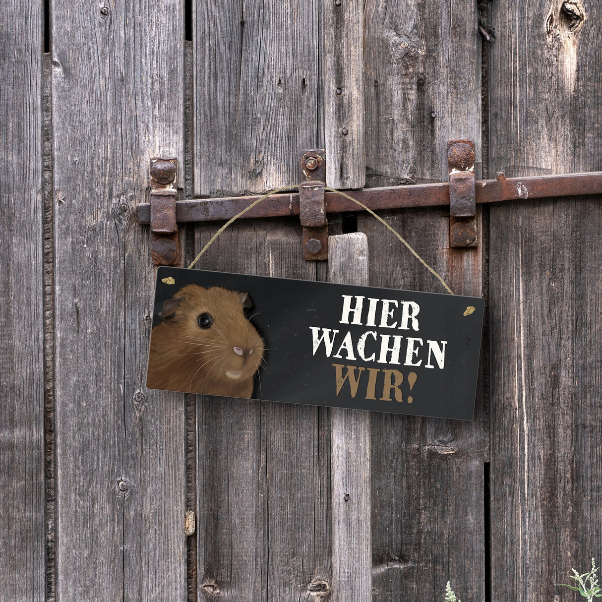 Metallschild mit Meerschweinchen Motiv und Spruch: Hier wachen wir!