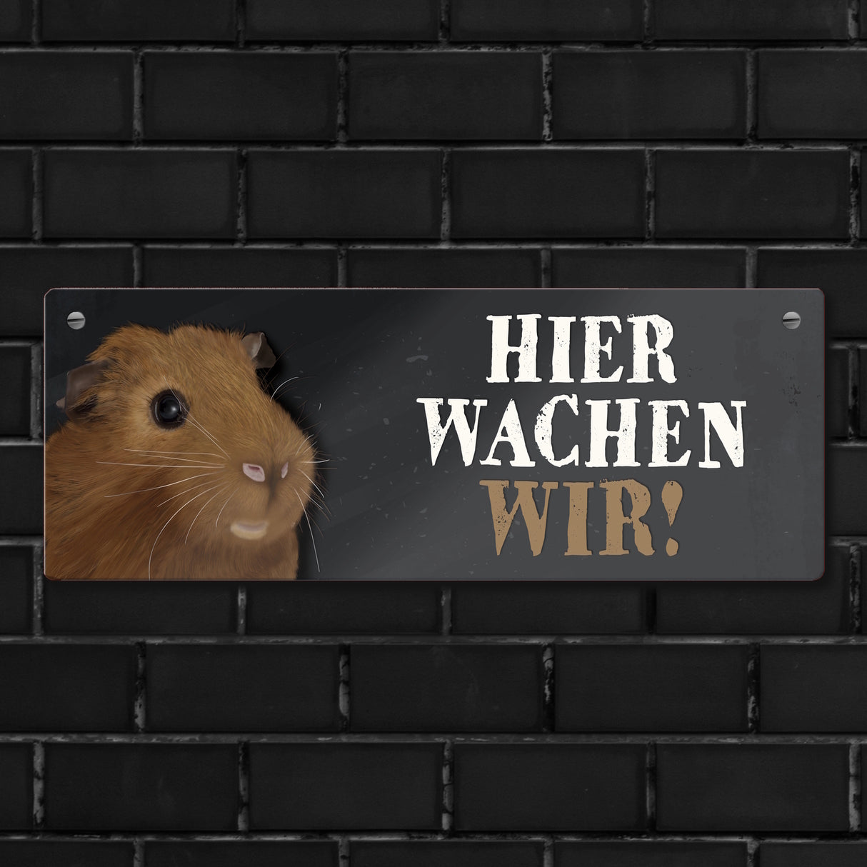 Metallschild mit Meerschweinchen Motiv und Spruch: Hier wachen wir!