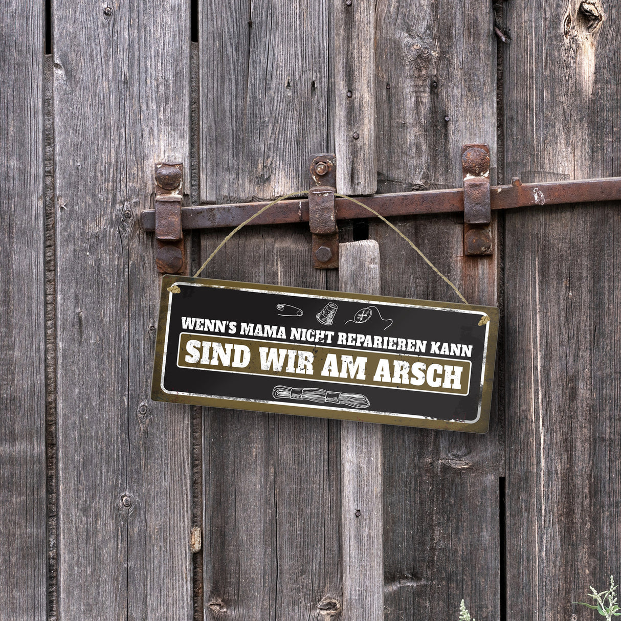 Metallschild mit Näh Motiv und Spruch: Wenn's Mama nicht reparieren kann