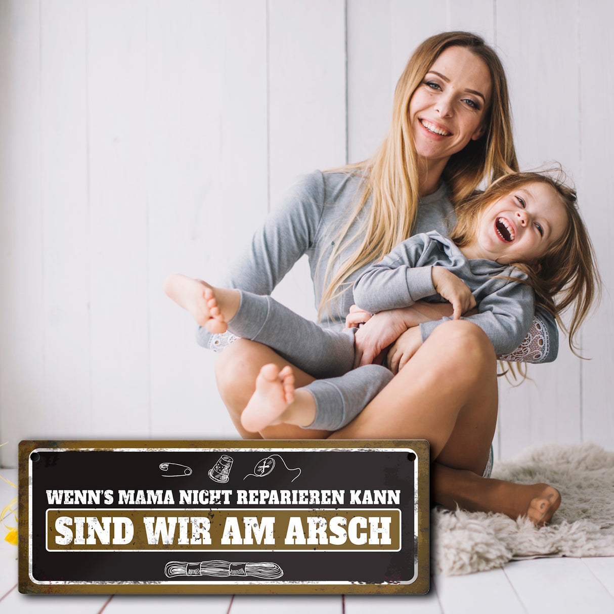 Metallschild mit Näh Motiv und Spruch: Wenn's Mama nicht reparieren kann