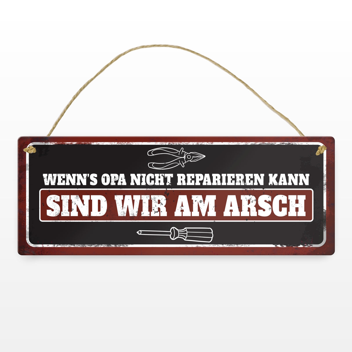 Metallschild mit Werkzeug Motiv und Spruch: Wenn's Opa nicht reparieren kann