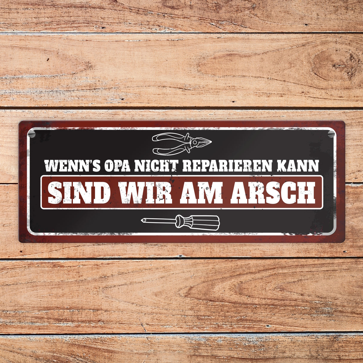 Metallschild mit Werkzeug Motiv und Spruch: Wenn's Opa nicht reparieren kann