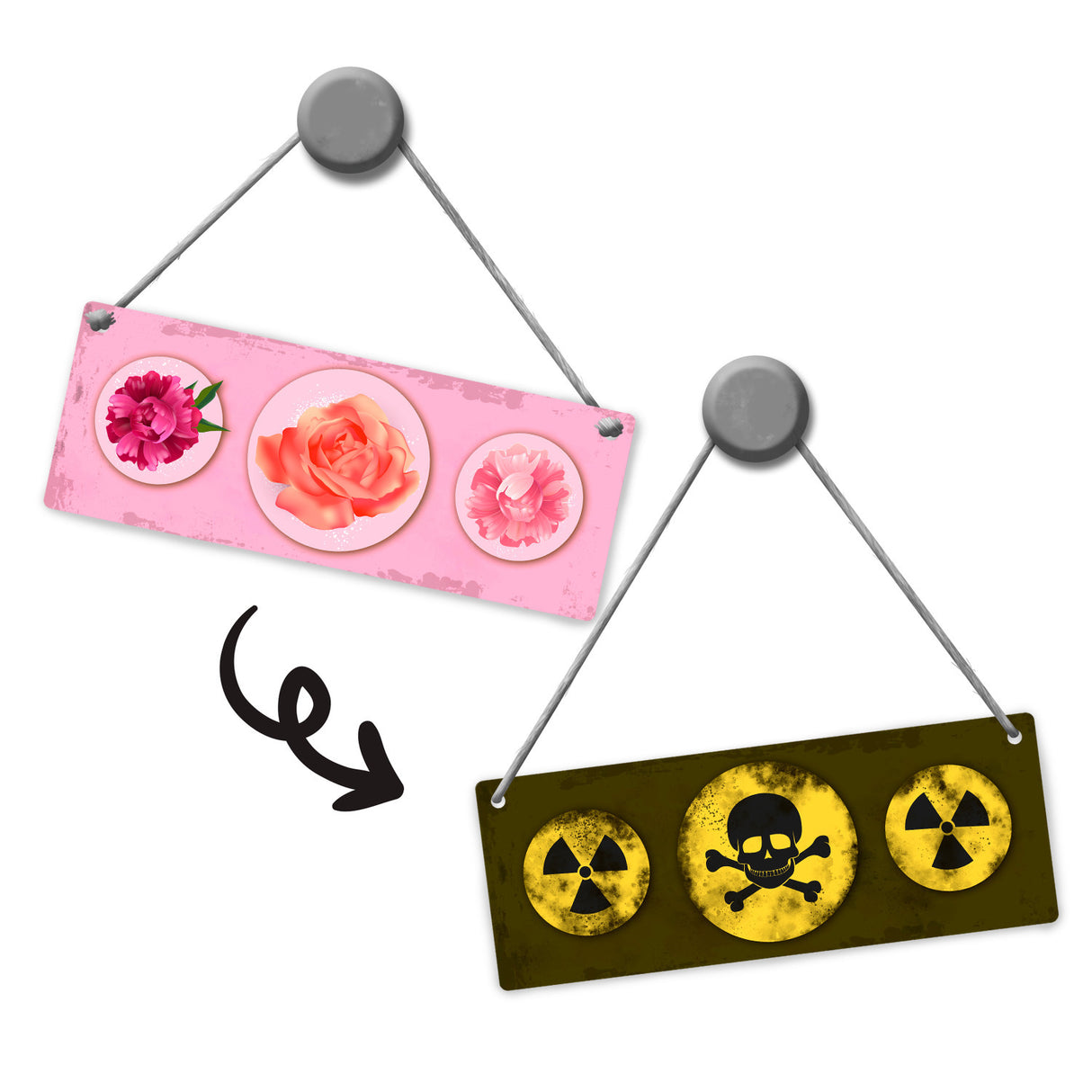 Giftgas oder Blumen Wendeschild mit Kordel