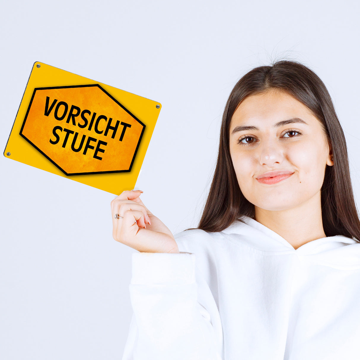 Vorsicht Stufe Warn- und Hinweisschild in Gelb und Schwarz