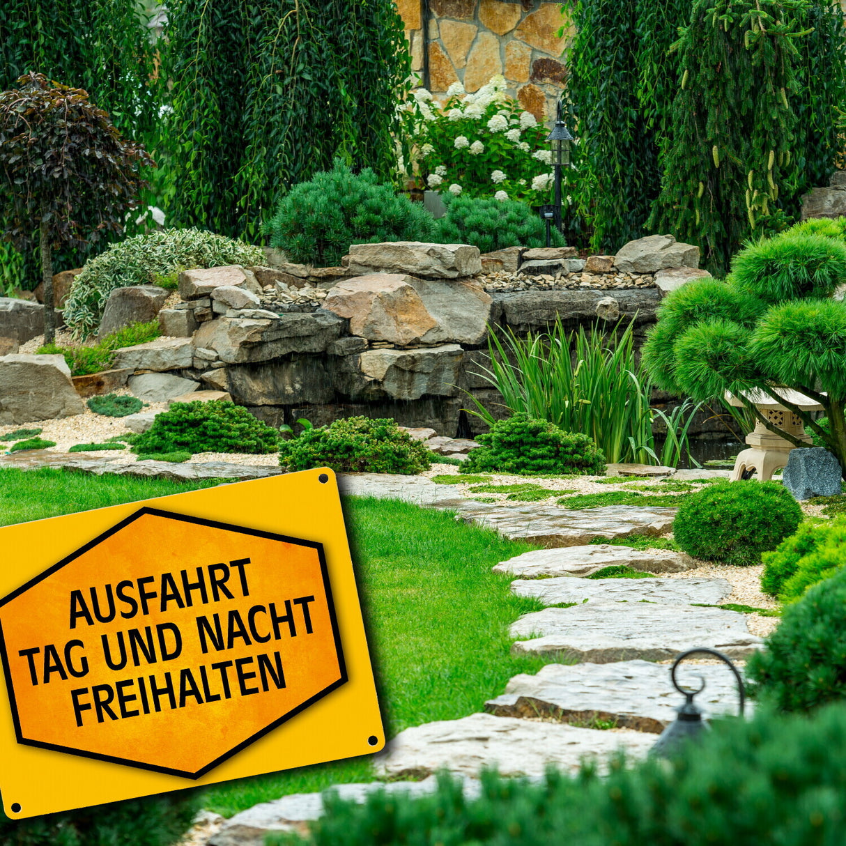 Ausfahrt Tag und Nacht freihalten Warn- und Hinweisschild in Gelb und Schwarz