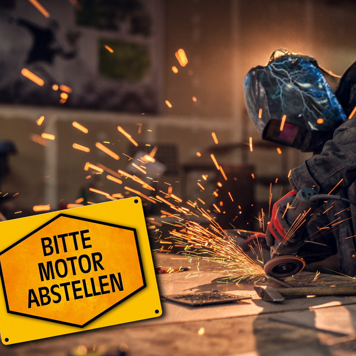 Bitte Motor abstellen Warn- und Hinweisschild in Gelb und Schwarz