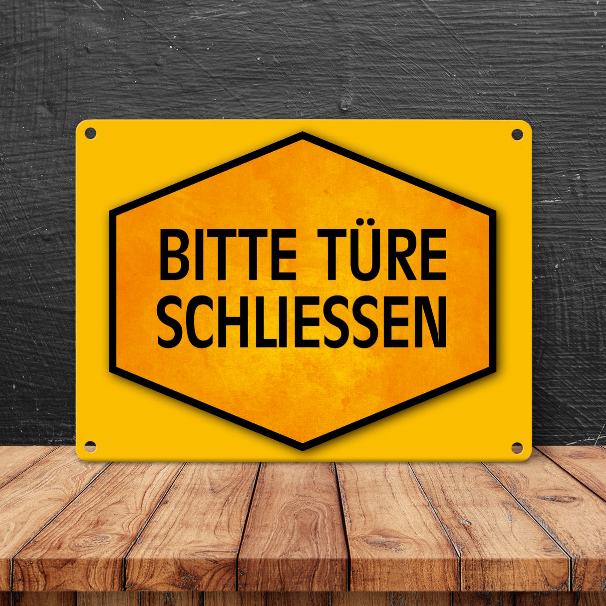 Bitte Türe schließen Warn- und Hinweisschild in Gelb und Schwarz