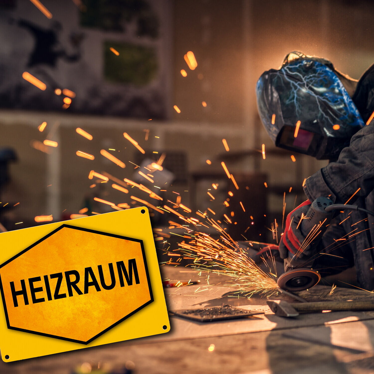 Heizraum Warn- und Hinweisschild in Gelb und Schwarz