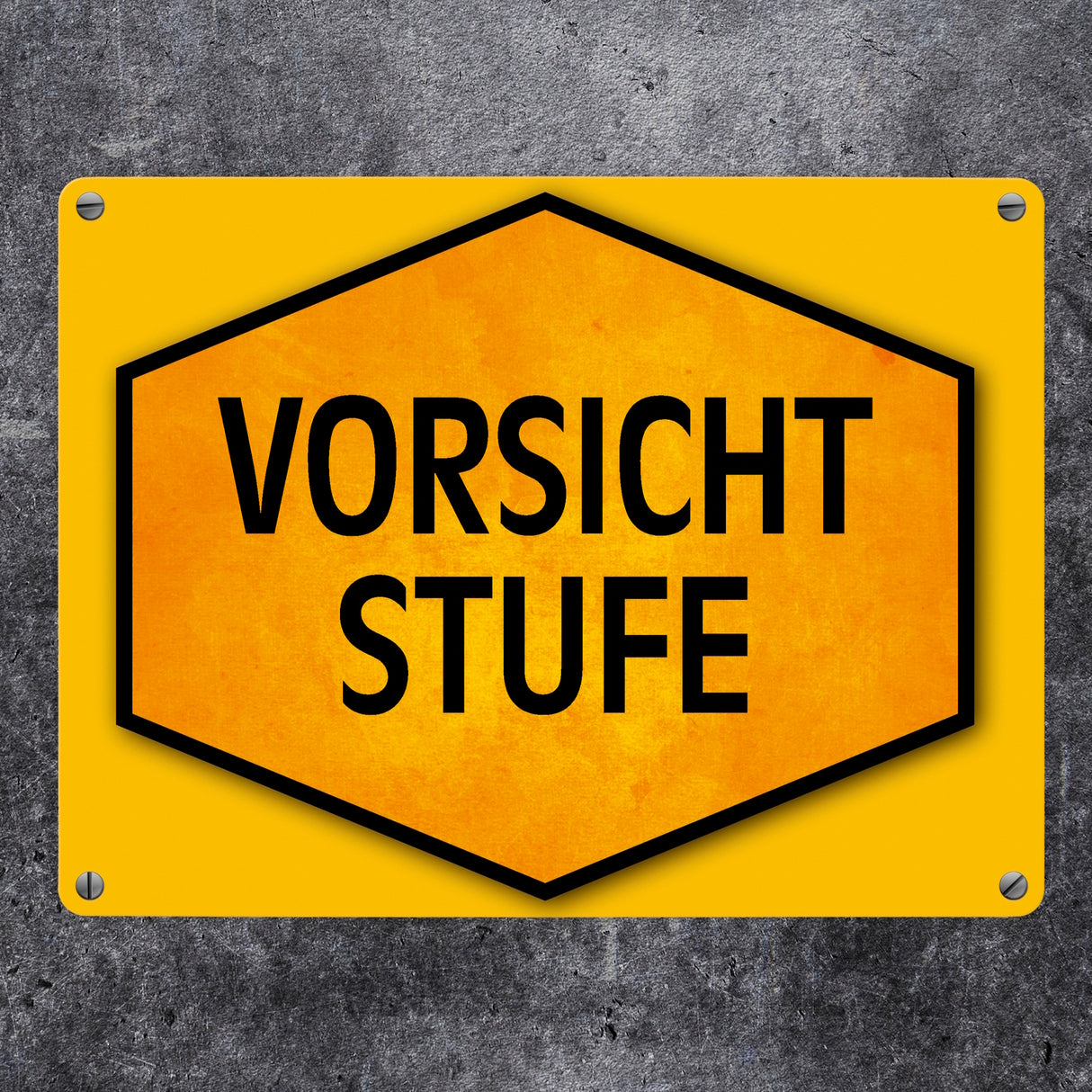 Vorsicht Stufe Warn- und Hinweisschild in Gelb und Schwarz