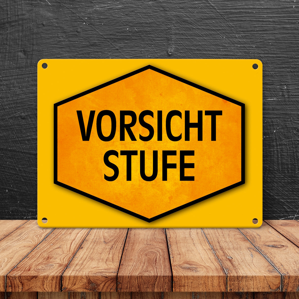Vorsicht Stufe Warn- und Hinweisschild in Gelb und Schwarz