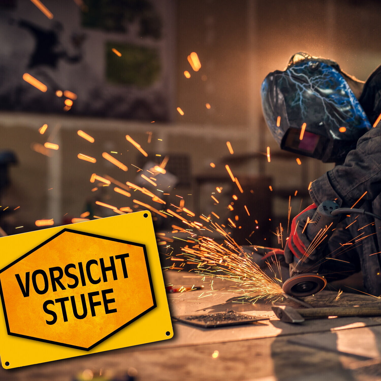 Vorsicht Stufe Warn- und Hinweisschild in Gelb und Schwarz