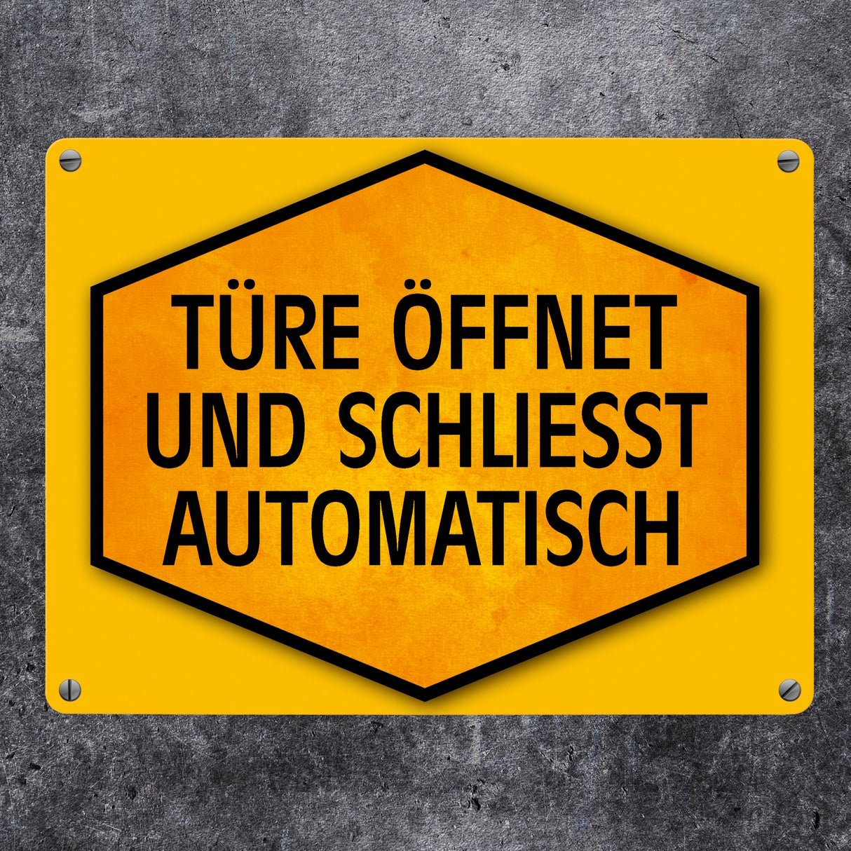 Türe öffnet und schließt automatisch Warn- und Hinweisschild in Gelb und Schwarz
