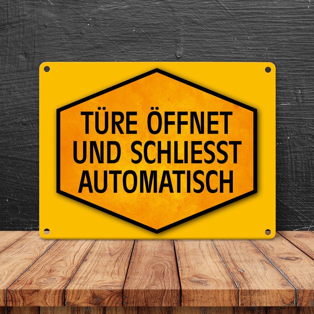 Türe öffnet und schließt automatisch Warn- und Hinweisschild in Gelb und Schwarz