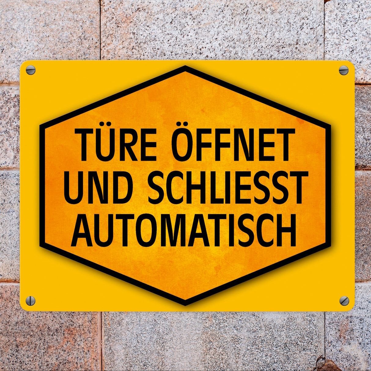 Türe öffnet und schließt automatisch Warn- und Hinweisschild in Gelb und Schwarz
