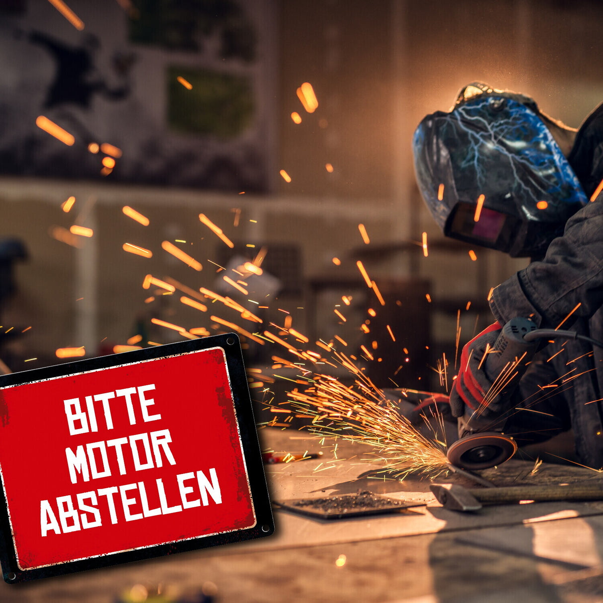 Bitte Motor abstellen Warn- und Hinweisschild im Used-Look