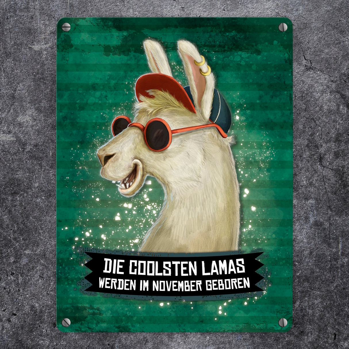 Metallschild mit Spruch: Die coolsten Lamas werden im November geboren