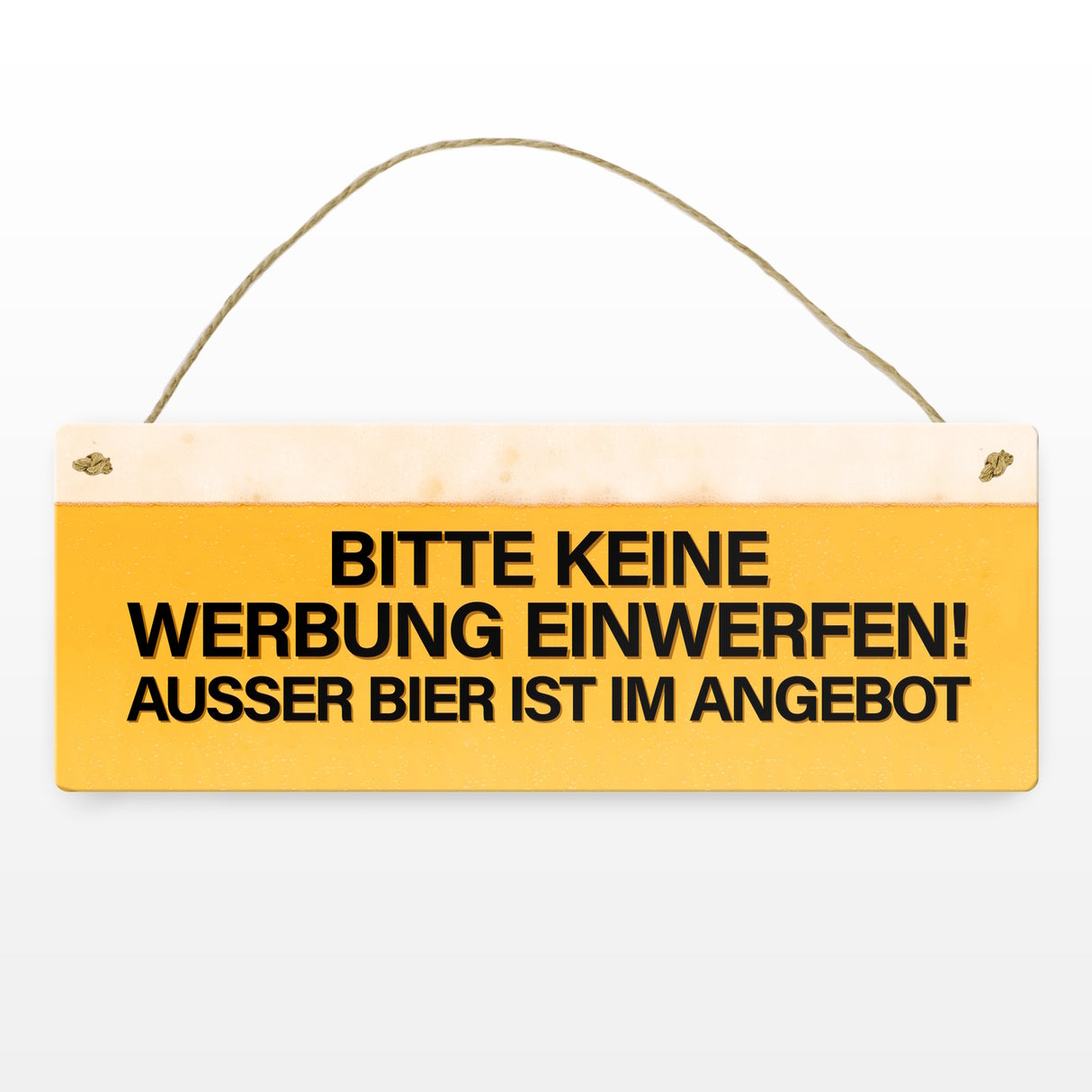 Metallschild mit Spruch: Bitte keine Werbung einwerfen! Außer Bier…
