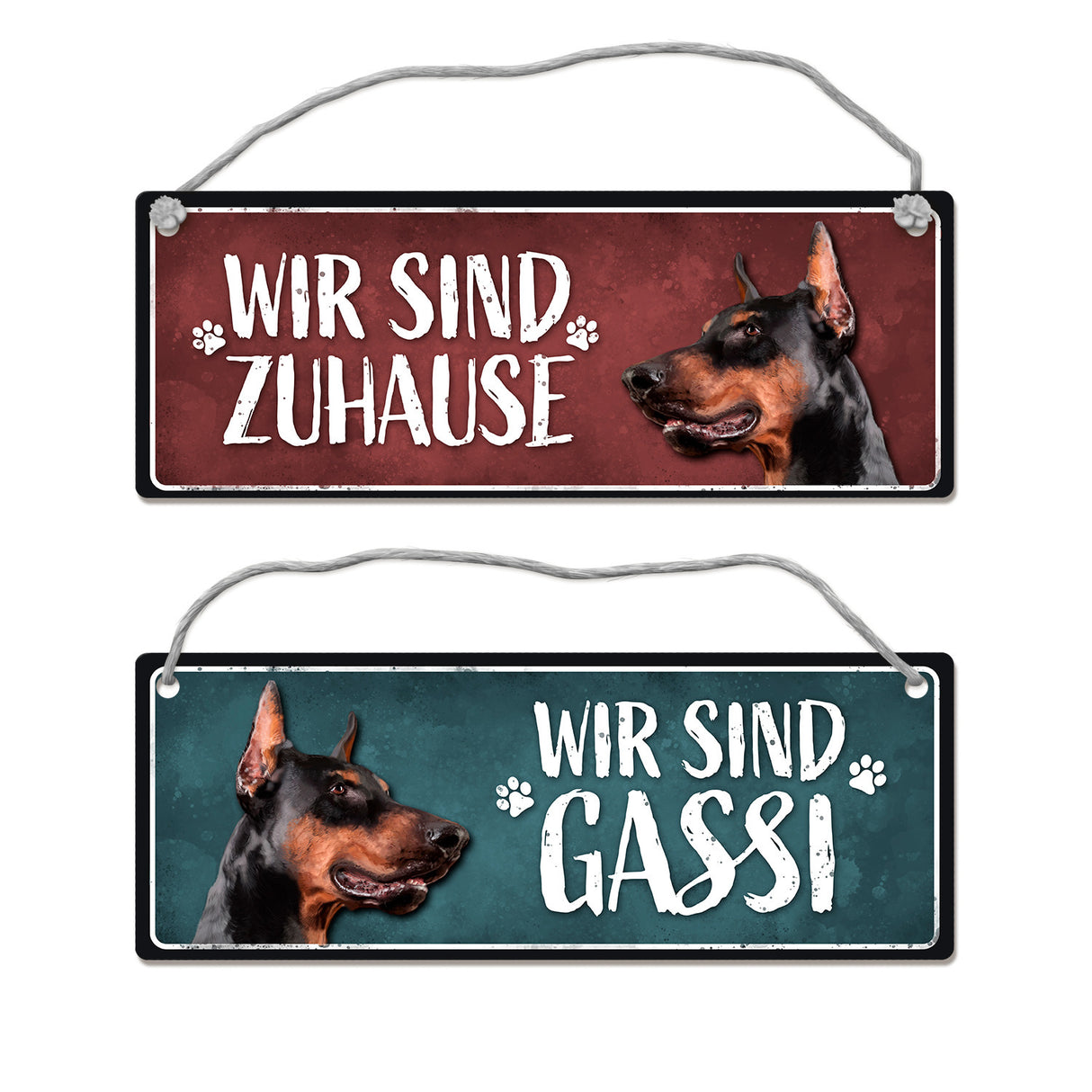 Wir sind Gassi/Zuhause - Dobermann Wendeschild mit Kordel
