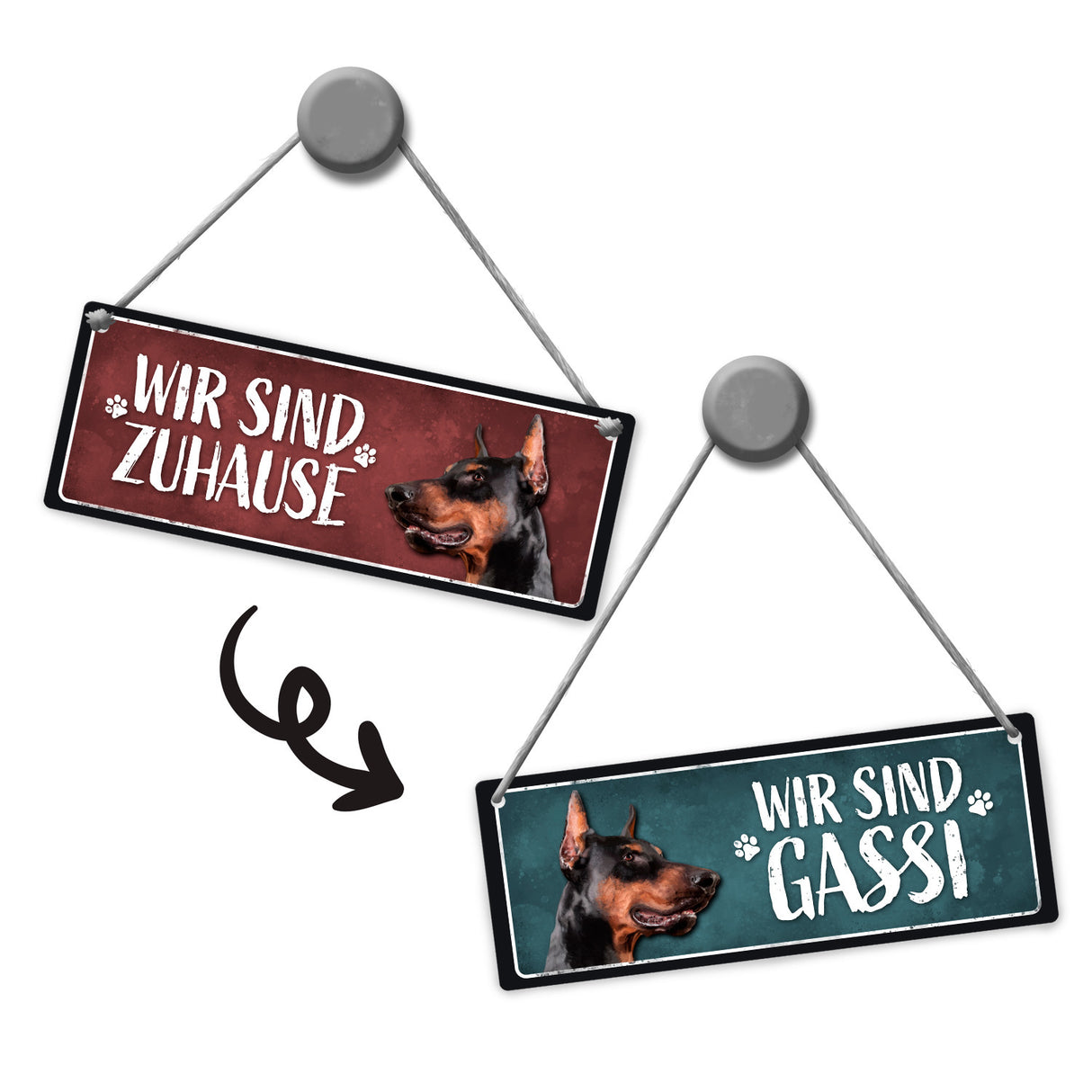 Wir sind Gassi/Zuhause - Dobermann Wendeschild mit Kordel