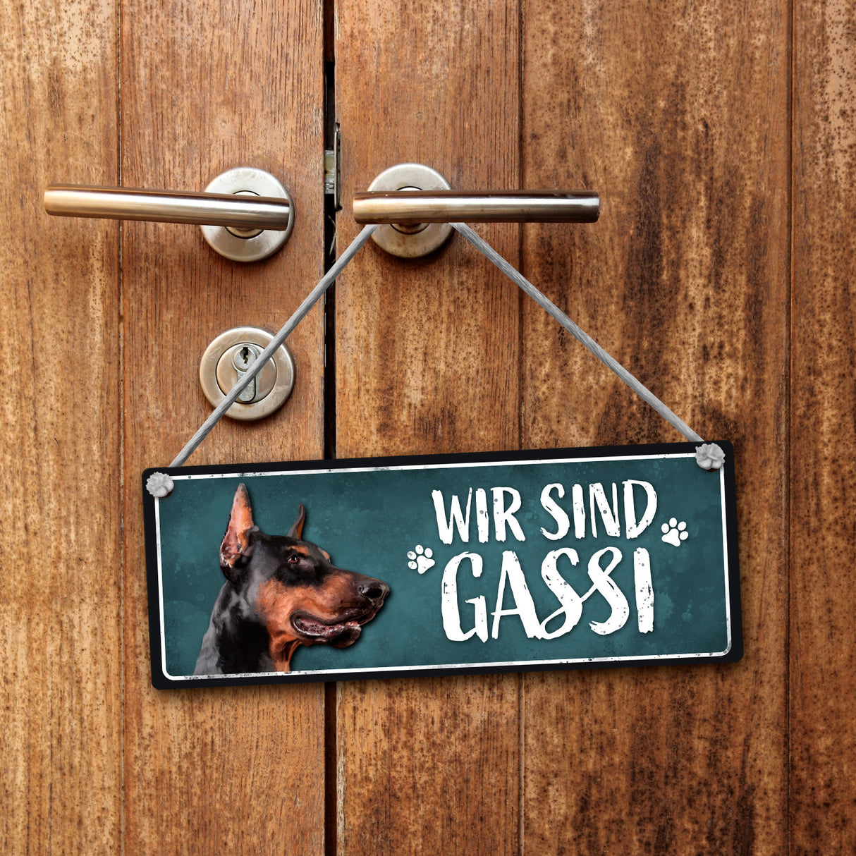 Wir sind Gassi/Zuhause - Dobermann Wendeschild mit Kordel